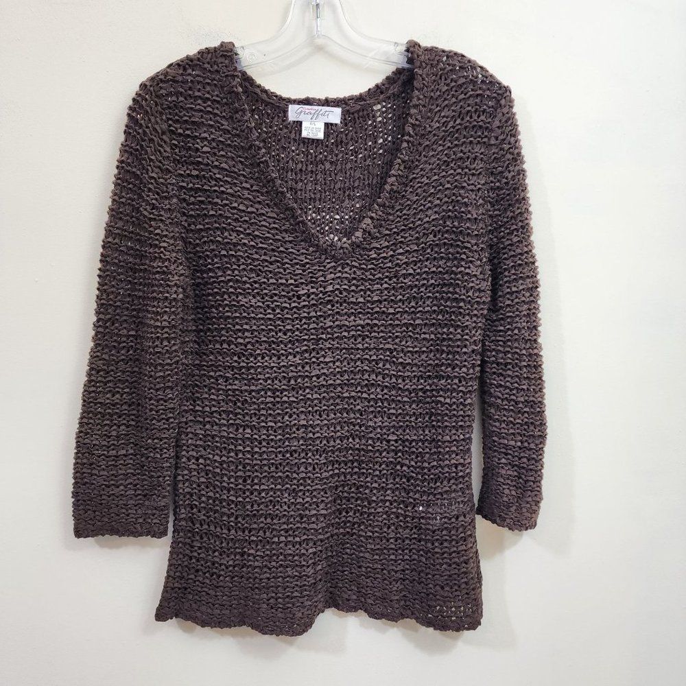 Canadian‎ Graffiti Women Sweater Open Knit V-Neck Ribbon Crochet Brown Large L